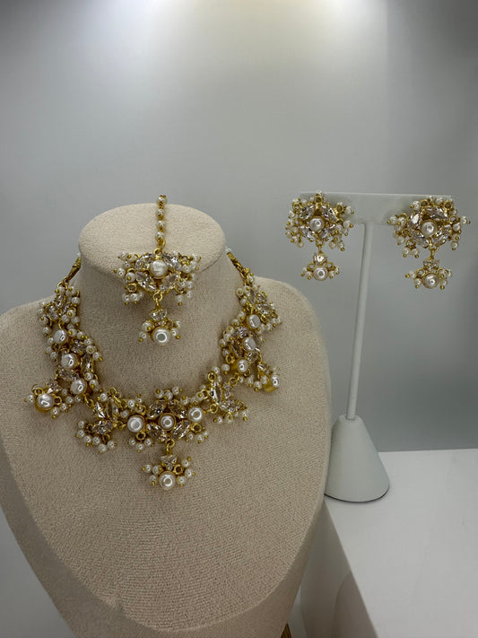 Premium Sleek MOP White Necklace, Earrings & Tikka Set - Mother of Pearl