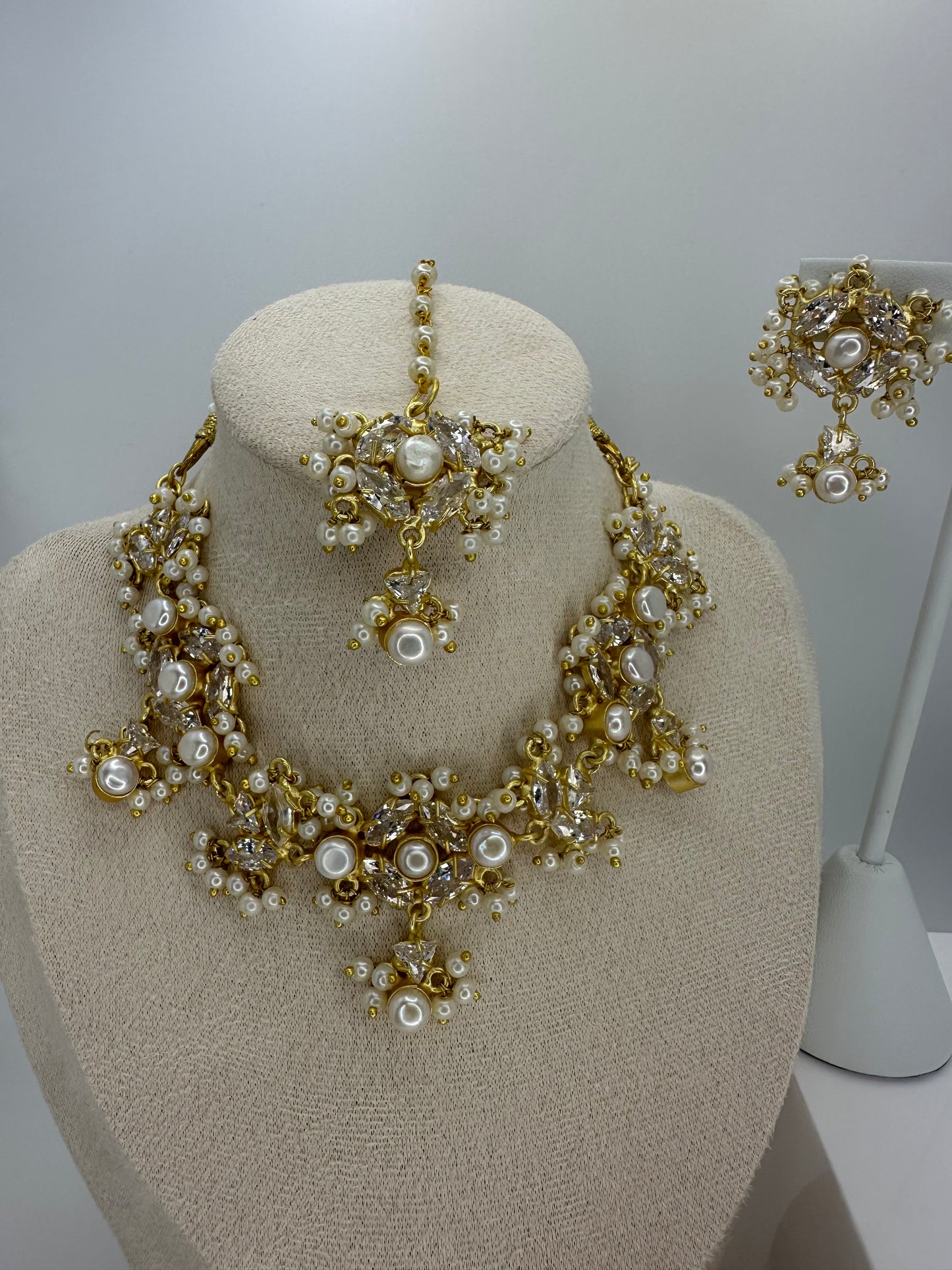 Premium Sleek MOP White Necklace, Earrings & Tikka Set - Mother of Pearl