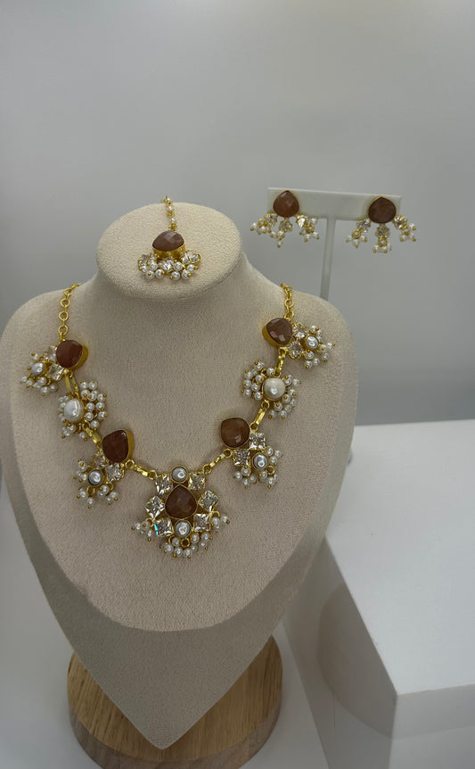 Premium Brown MOP Necklace, Earrings & Tikka Set - Mother of Pearl