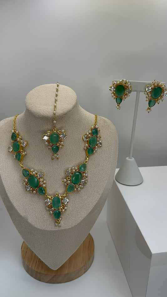 Premium MOP Necklace, Earrings & Tikka Set - Mother of Pearl
