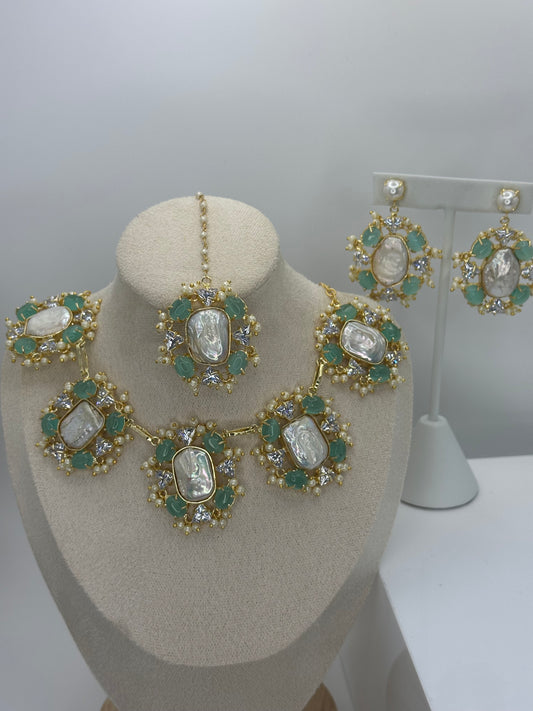 Premium Mint MOP Necklace, Earrings & Tikka Set - Mother of Pearl