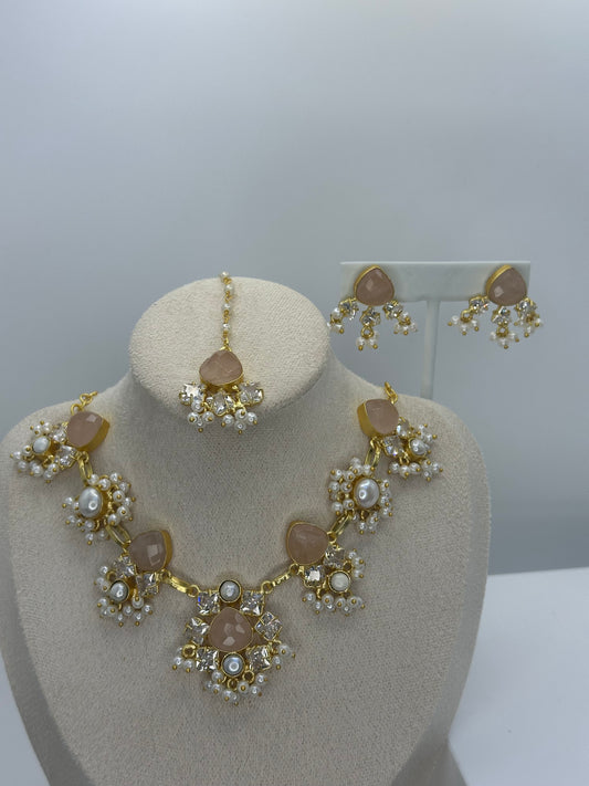 Premium Nude MOP Necklace, Earrings & Tikka Set - Mother of Pearl