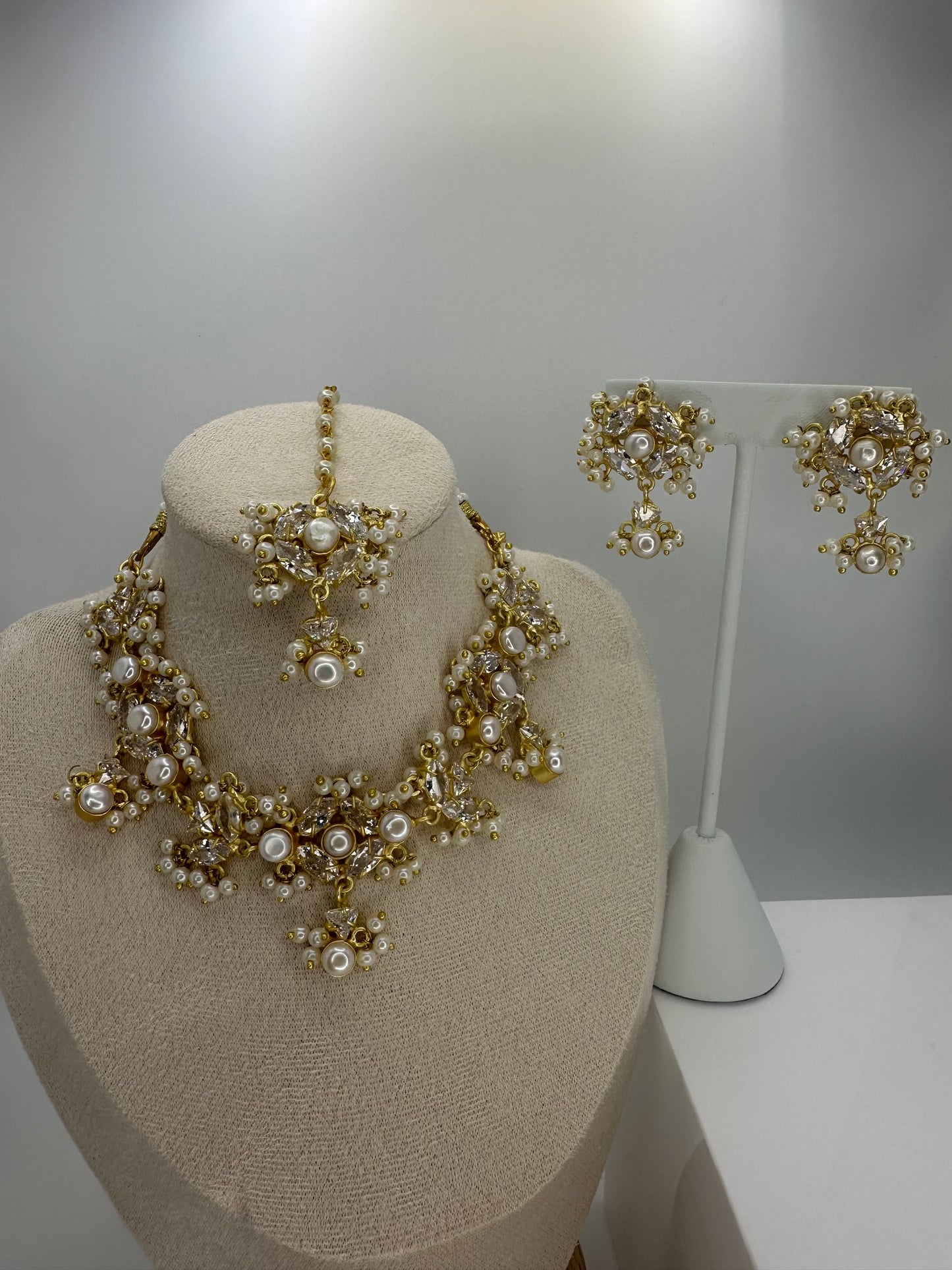 Premium Sleek MOP White Necklace, Earrings & Tikka Set - Mother of Pearl