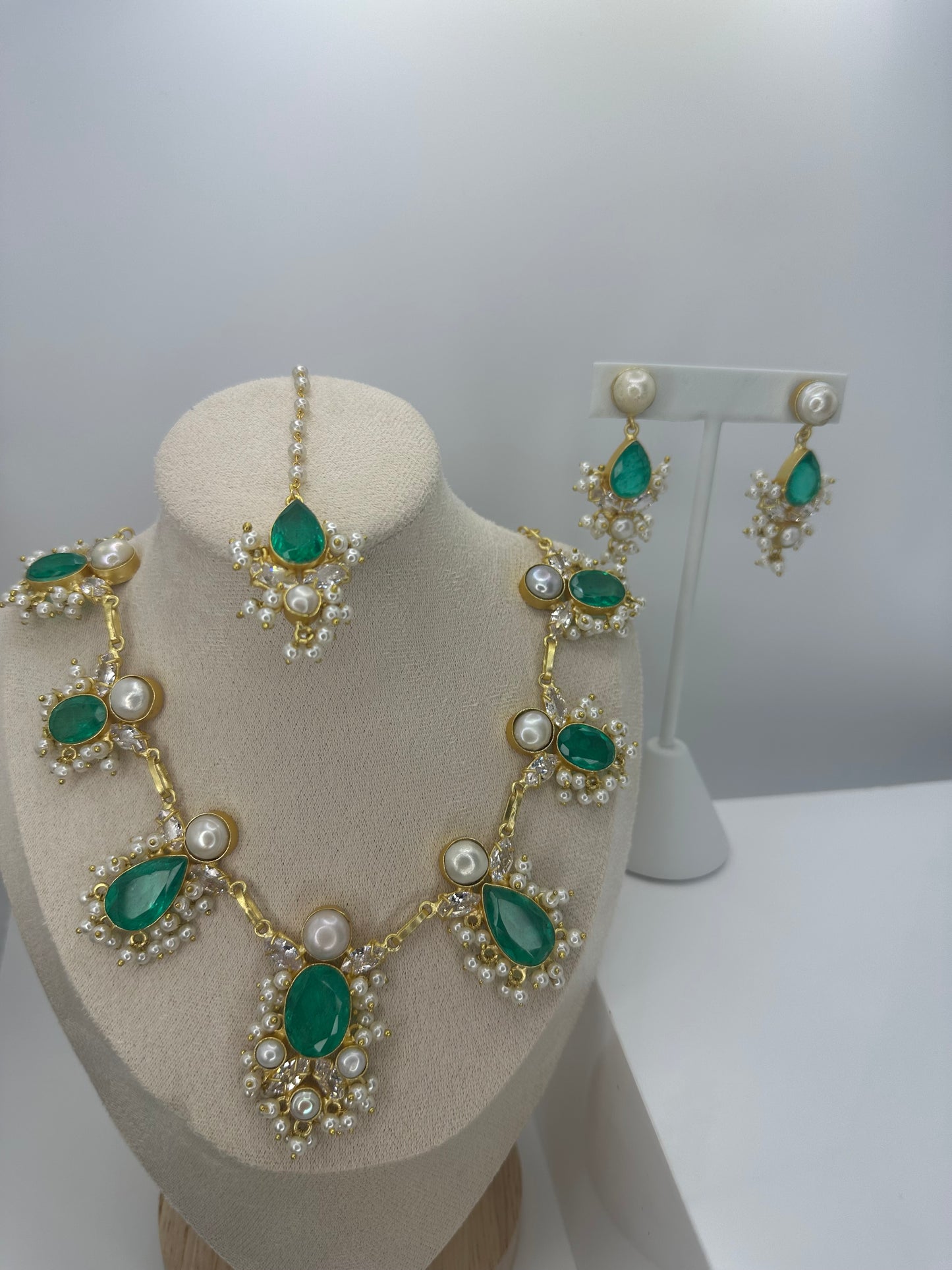 Premium Green MOP Necklace, Earrings & Tikka Set - Mother of Pearl