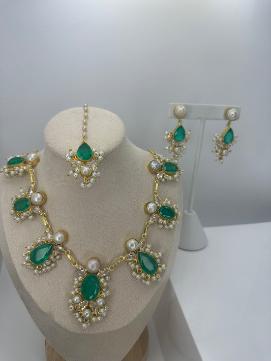 Premium Green MOP Necklace, Earrings & Tikka Set - Mother of Pearl