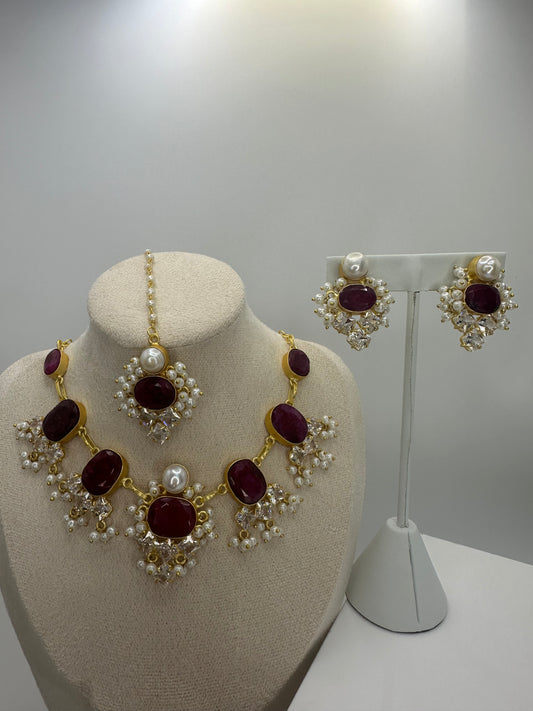 Premium Burgundy Maroon MOP Necklace, Earrings & Tikka Set - Mother of Pearl