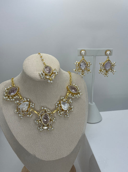 Premium Hydro Lilac MOP Necklace, Earrings & Tikka Set - Mother of Pearl