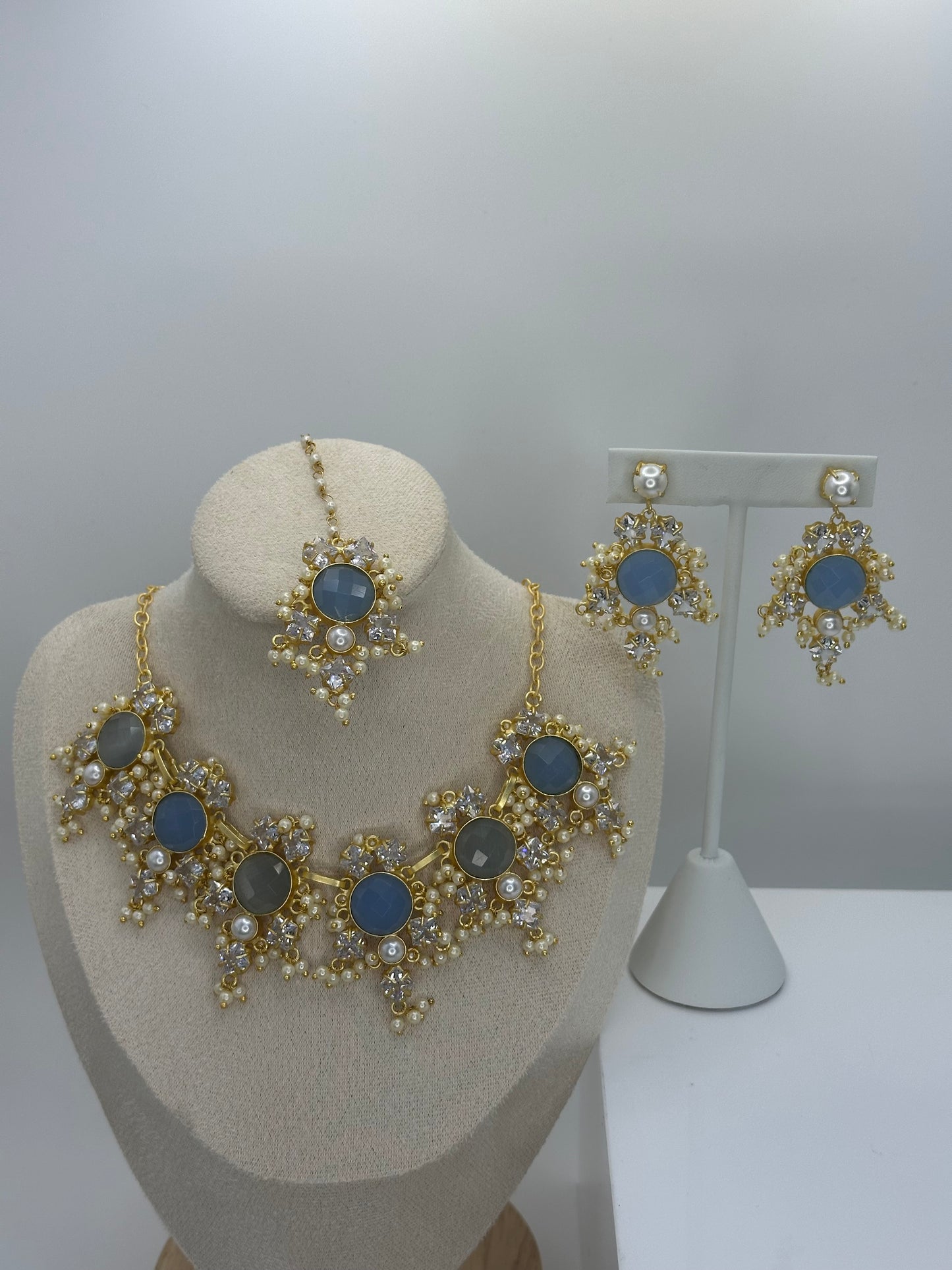 Premium Blue & Grey MOP Necklace, Earrings & Tikka Set - Mother of Pearl