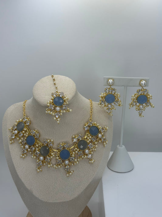 Premium Blue & Grey MOP Necklace, Earrings & Tikka Set - Mother of Pearl