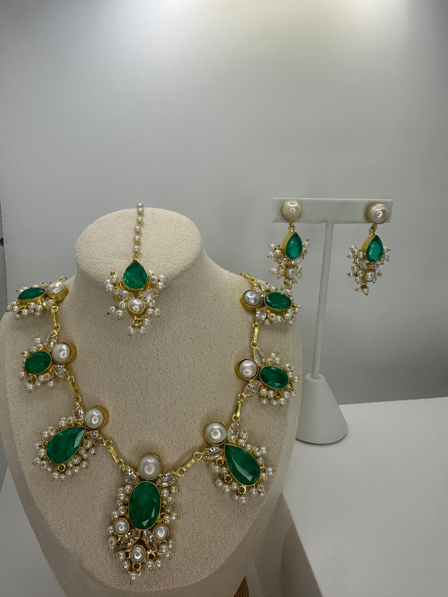 Premium Green MOP Necklace, Earrings & Tikka Set - Mother of Pearl