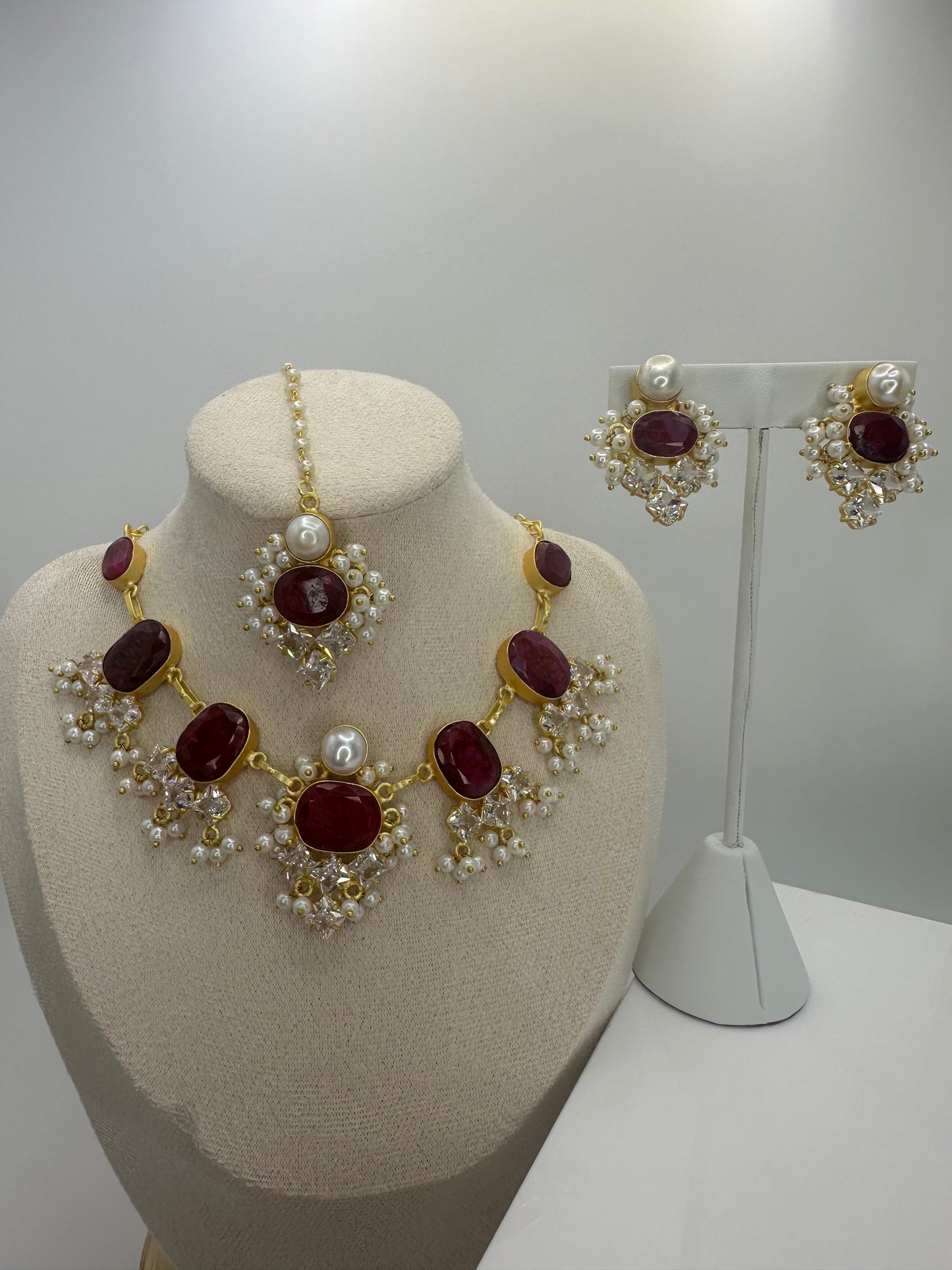 Premium Burgundy Maroon MOP Necklace, Earrings & Tikka Set - Mother of Pearl