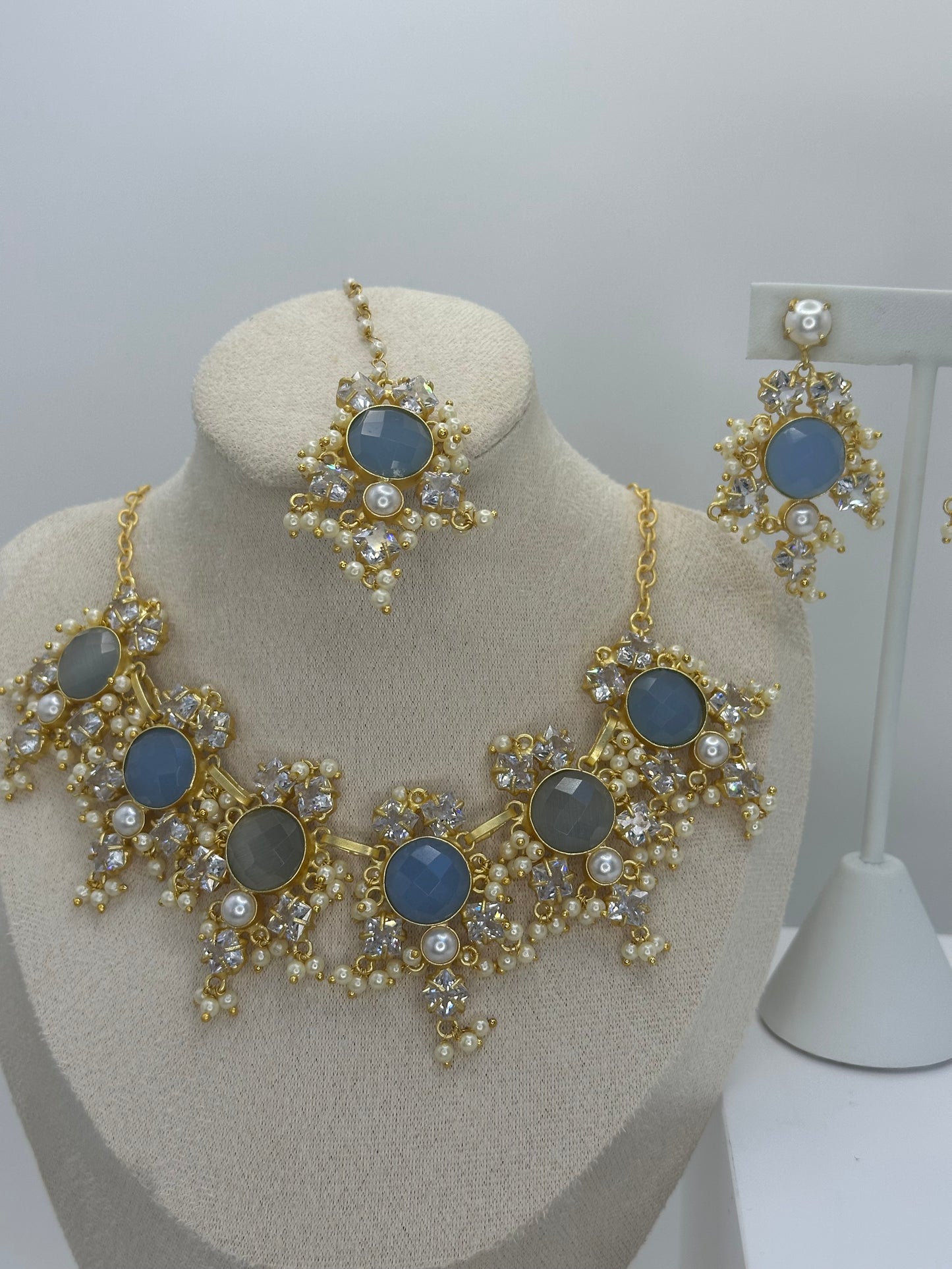 Premium Blue & Grey MOP Necklace, Earrings & Tikka Set - Mother of Pearl