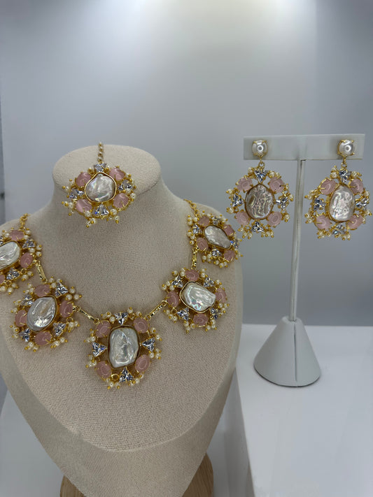 Premium MOP Baby Pink Necklace, Earrings & Tikka Set - Mother of Pearl