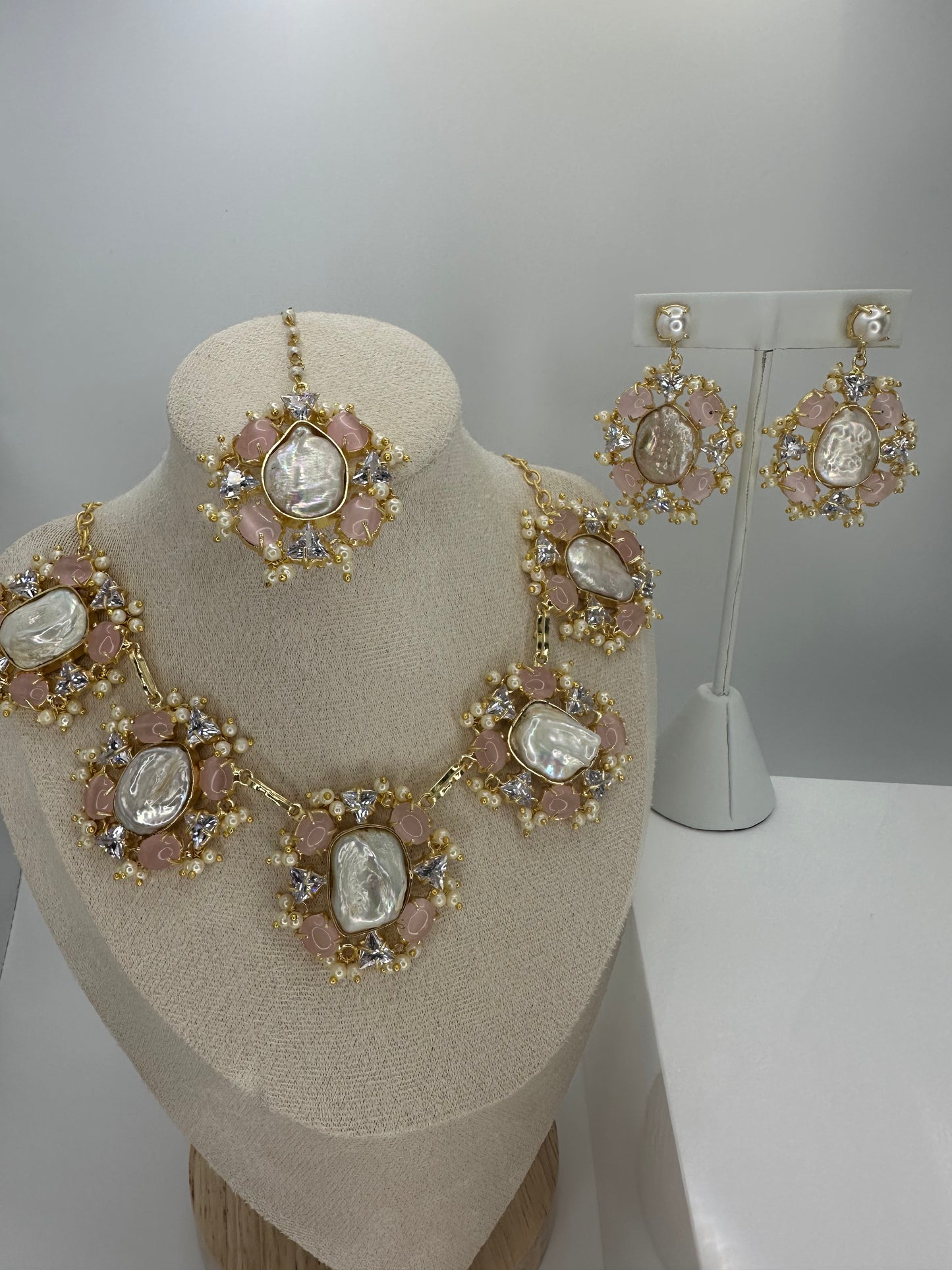 Premium MOP Baby Pink Necklace, Earrings & Tikka Set - Mother of Pearl