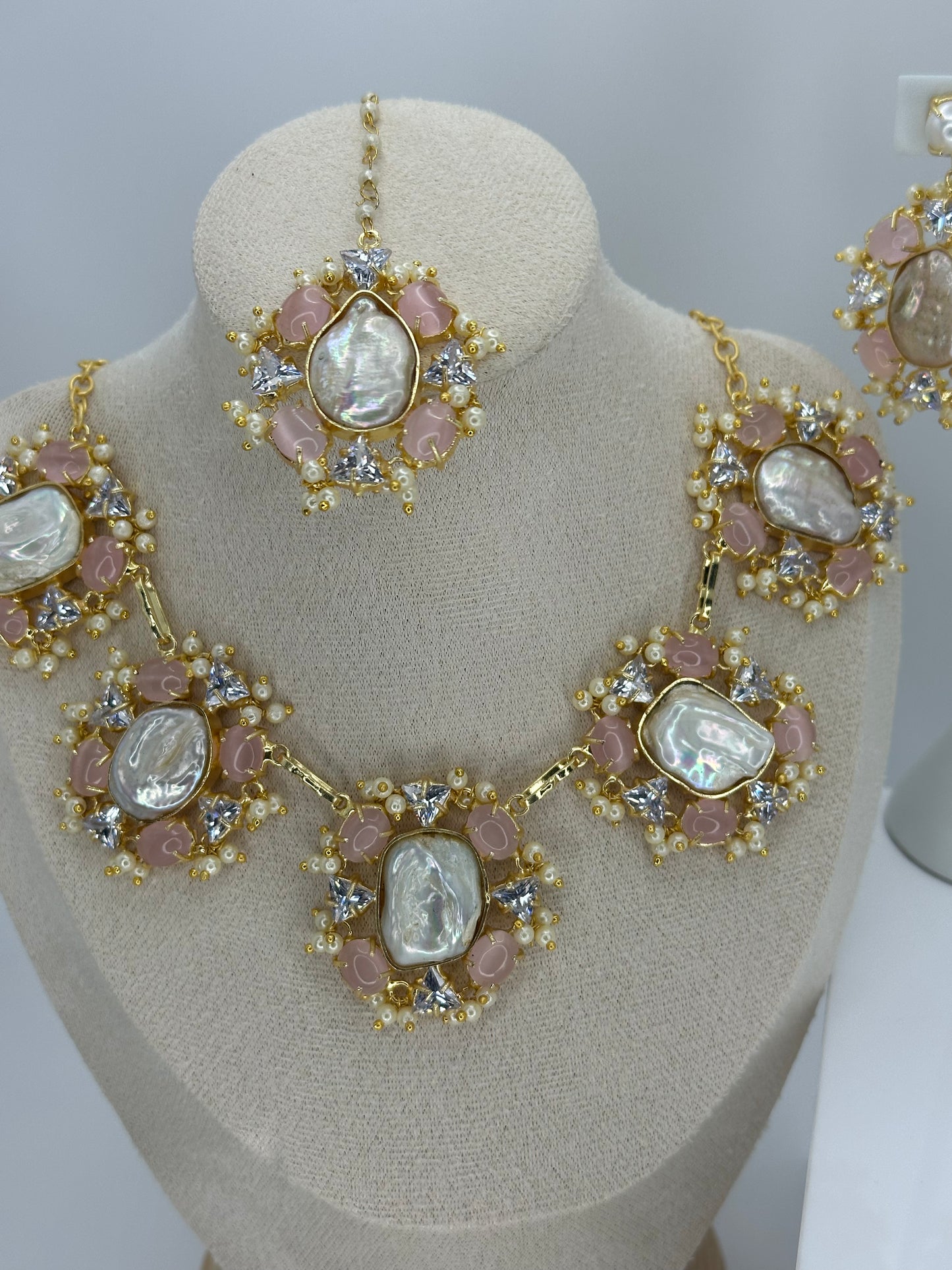 Premium MOP Baby Pink Necklace, Earrings & Tikka Set - Mother of Pearl