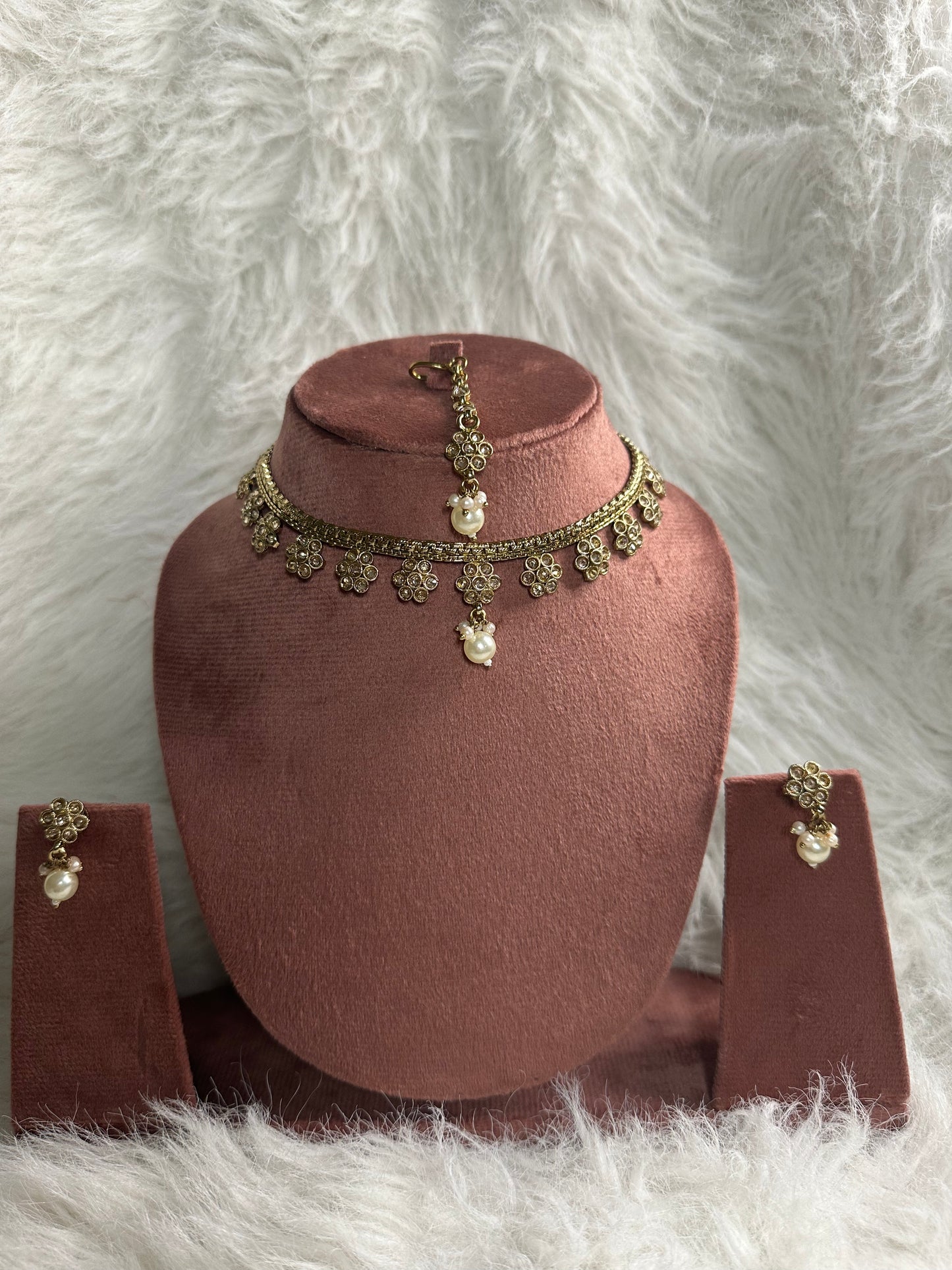 Polki Floral Pearl Necklace, Earrings & Tikka Set