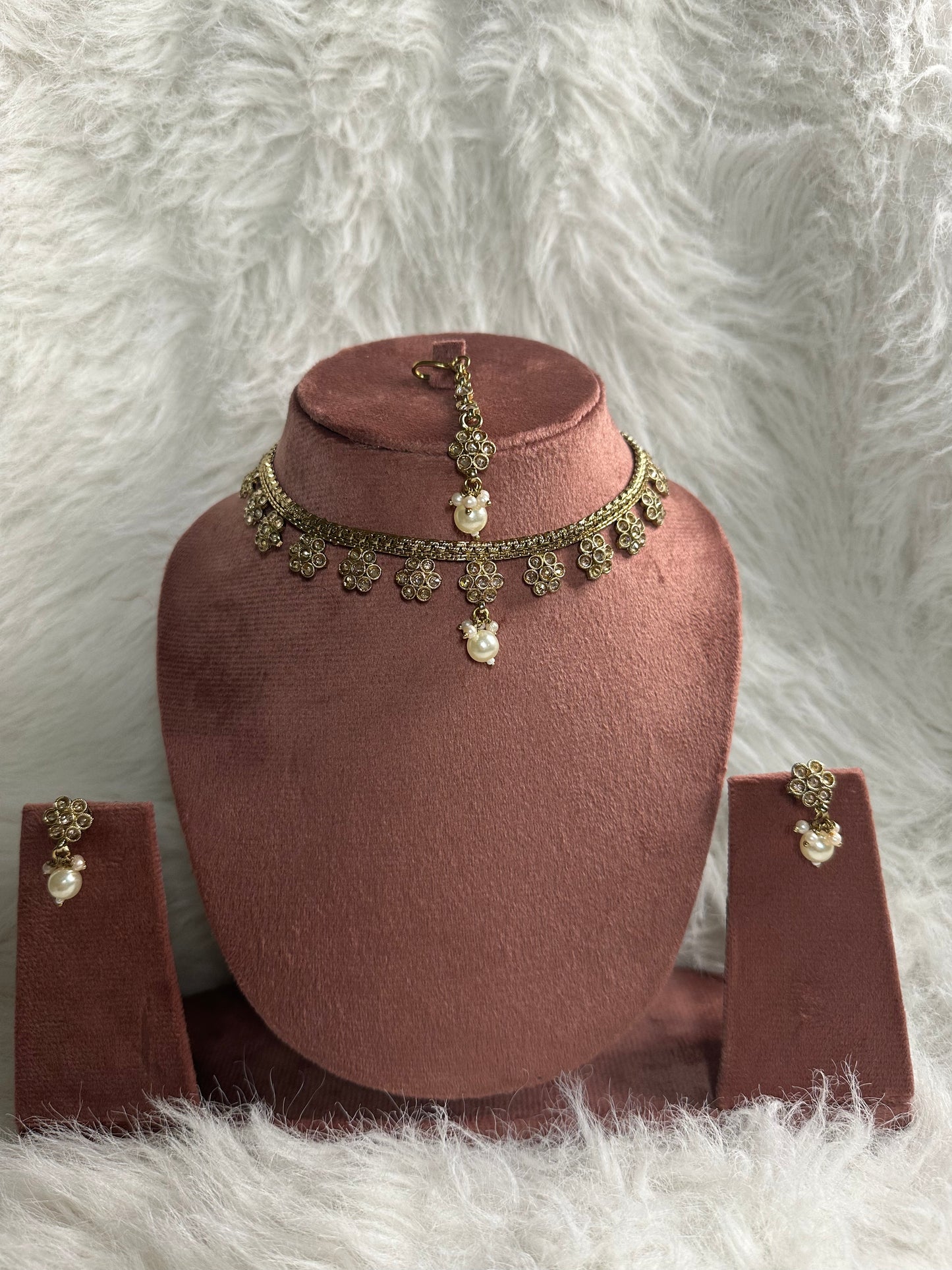 Polki Floral Pearl Necklace, Earrings & Tikka Set