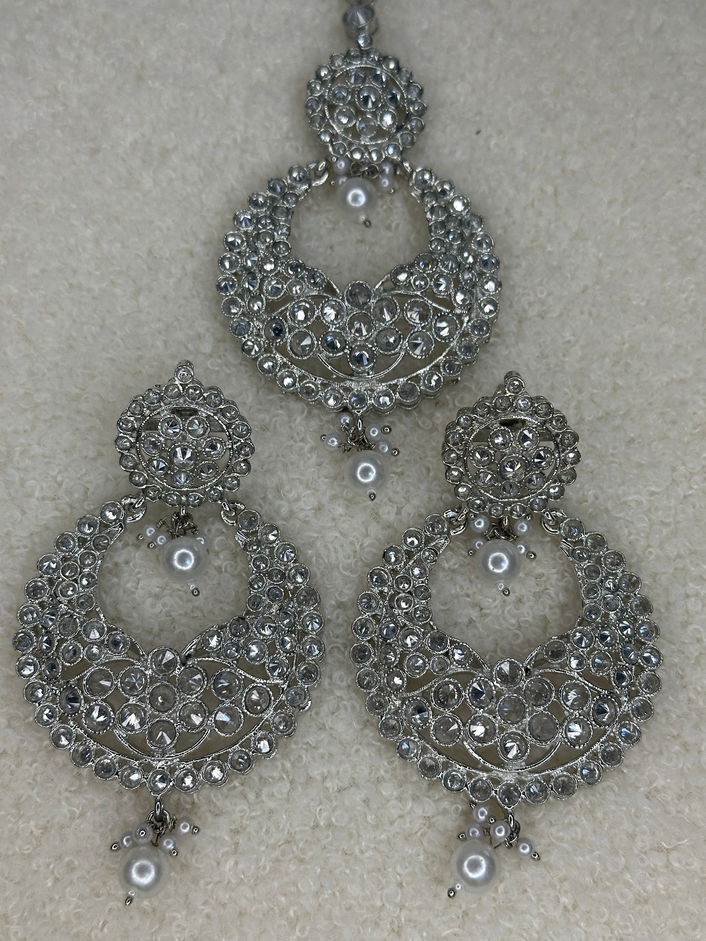 Fozia Silver Statement Earrings with Tikka