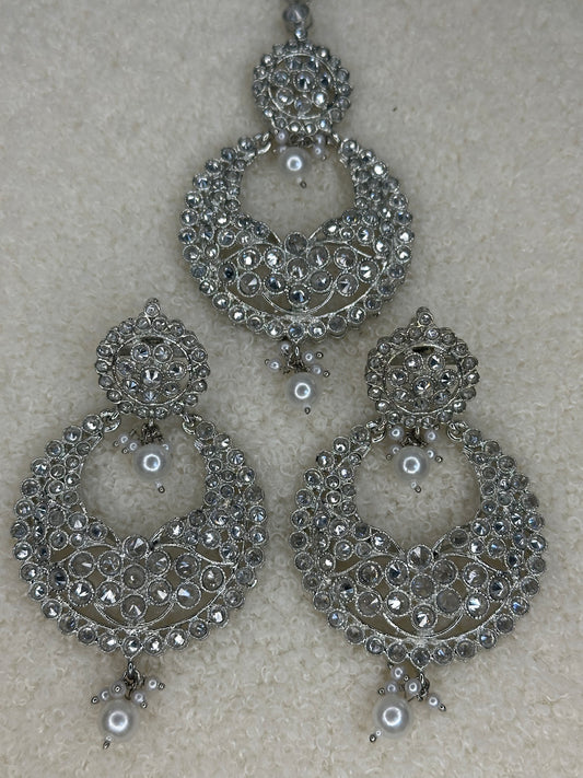 Fozia Silver Statement Earrings with Tikka