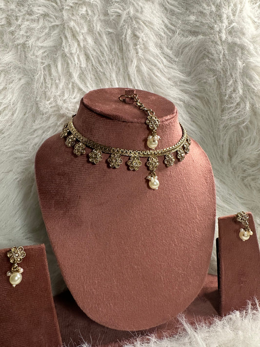 Polki Floral Pearl Necklace, Earrings & Tikka Set
