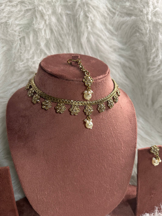 Polki Floral Pearl Necklace, Earrings & Tikka Set
